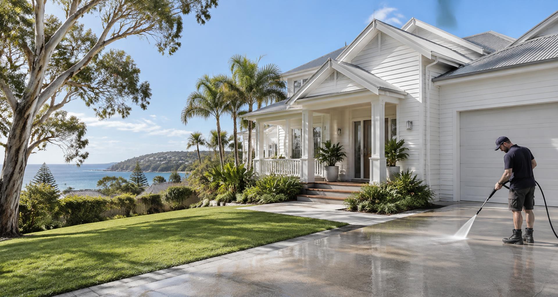 Pressure cleaning a driveway outside an Australian coastal home